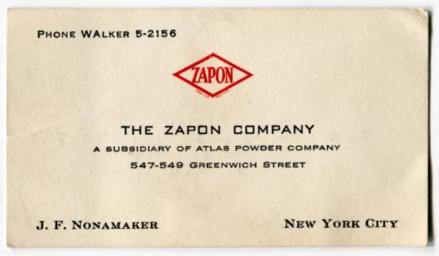 Explosives Related Business Card: "ZAPON COMPANY" [Atlas Powder Co Subsidiary]