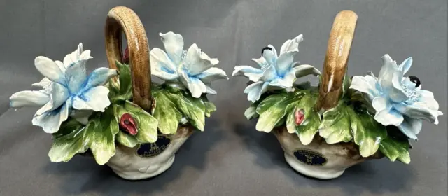Capodimonte Porcelain BLUE  Flower Basket Centerpiece ITALY "N" W/CHIPS LOT of 2