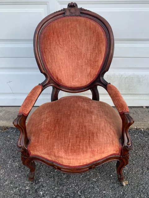 Antique Victorian Carved Wood Arm Chair Velvet Tapestry Upholstered High Back