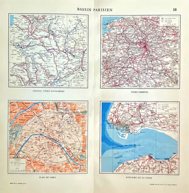 1951 Original Carte Bassin Parisien | Voies navigables | Plan de Paris
