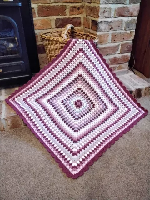 Crochet Baby Blanket Girl Handmade OOAK 28"/70cm Sq Burgundy/Pinks/White/Grey