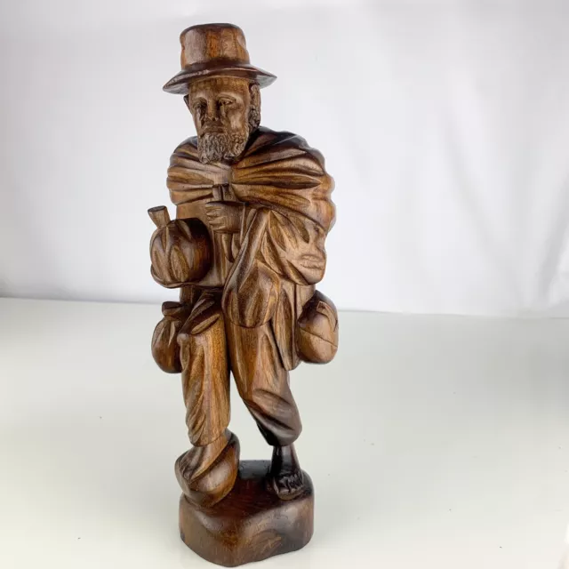 Vintage Wooden Statue Hand Carved Old Man Barefoot Traveler Beggar Sculpture