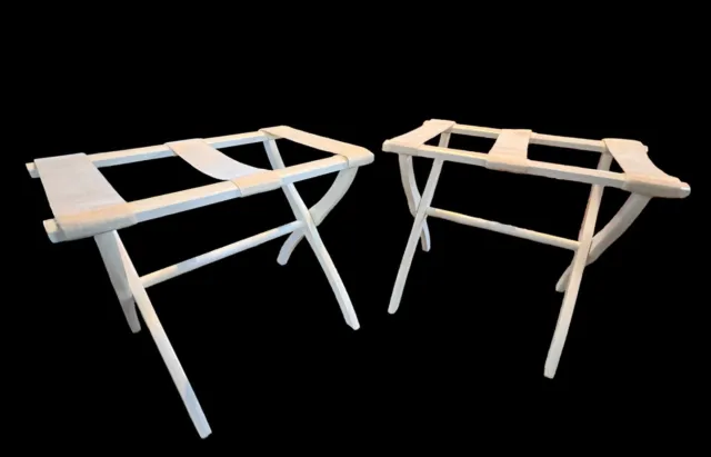 2  White Wooden Folding Suitcase Luggage Rack Stand With Straps Vintage