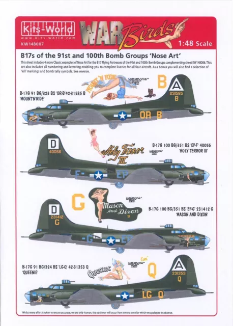 Kits World Decals 1/48 B-17G FLYING FORTRESS 91st & 100th BG Olive Drab Planes