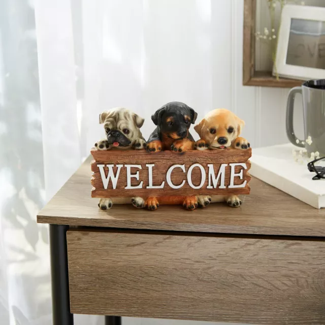 Cute Little Polyresin Puppy Dog Charming Wood Style Welcome Sign Statue 3