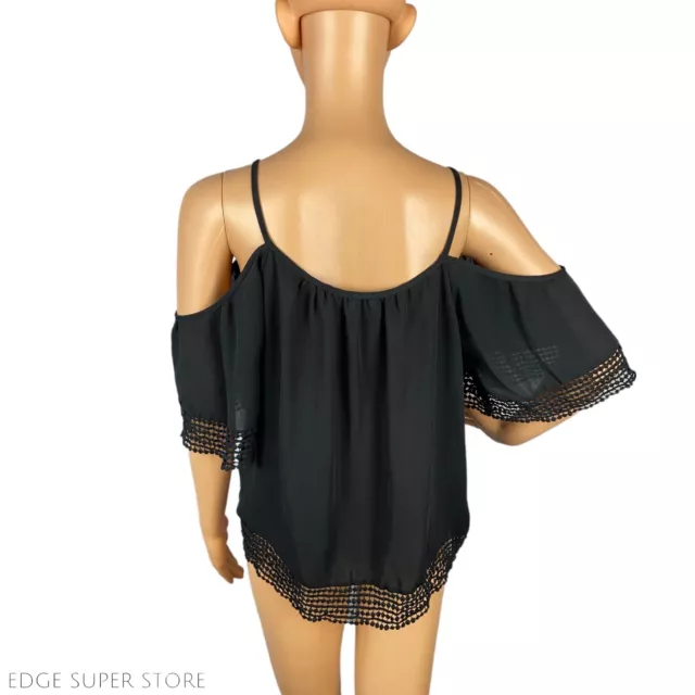 Parker Black Off Cold Shoulder Lace Trim Short Sleeve Scoop Neck Top Size Small 2