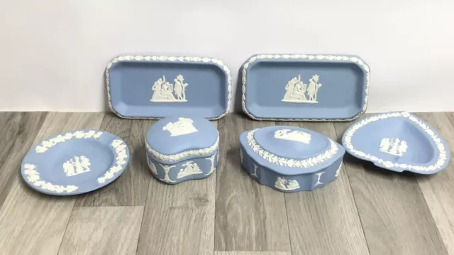 Blue Wedgwood Jasper Ware Collection X6 Pieces Trinket Trays, Dish & Boxes