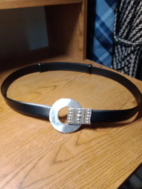 Chico's Ladies Black Leather Belt Adjustable size ML Silver Tone & Brass Buckle