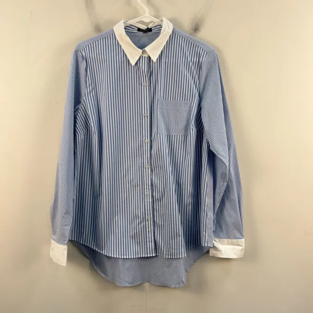 The Limited Womens Large Blouse Top Shirt Button Blue White Stripe Collar 17764
