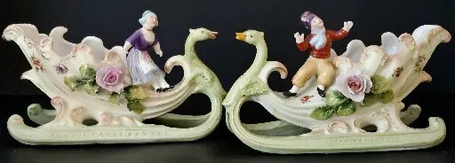 Vintage German Bisque Victorian Swan Sleigh W/Man & Woman Porcelain Cornucopia