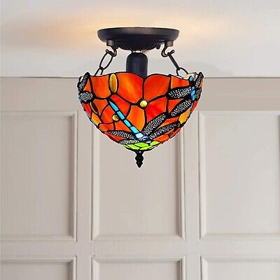 Tiffany Antique Dragonfly Ceiling Lamp 10 inch Multicolored Stained Glass Shade