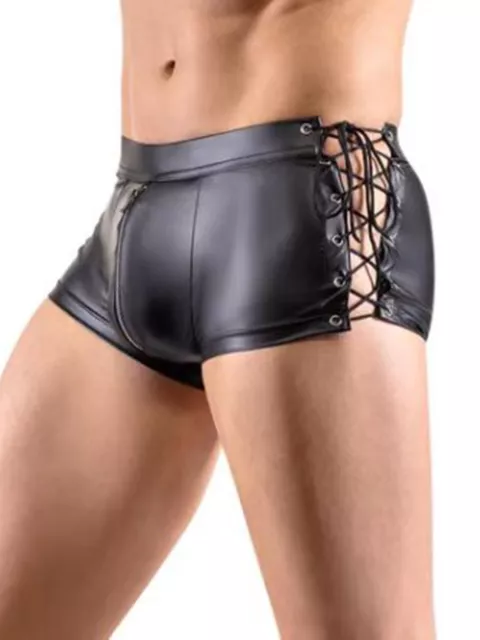 Sexy Men Zipper Crotch Faux Leather Hot Pants Hollow Out Lace-up Short Nightclub