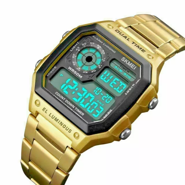 SKMEI Mens Watch Gold Digital Stainless Steel Waterproof Wrist Fashion Casual