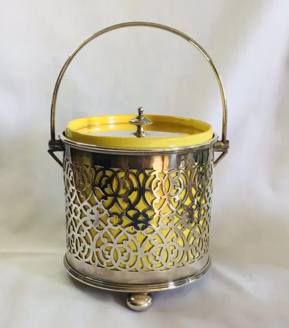Antique Yellow Ceramic & Silver Plated Mark Willis & Son Biscuit Barrel C.1904