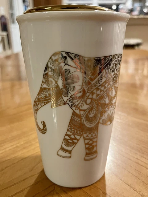 Charming Charlie White & Gold Elephant Ceramic Travel Mug Cup With Ceramic Lid