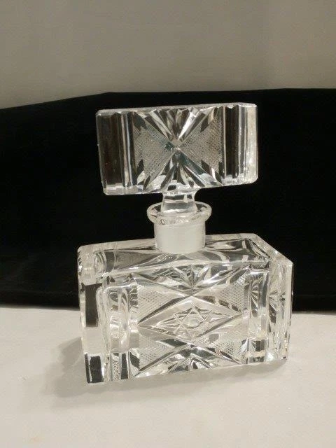 Rectangular Clear Crystal Perfume Bottle Criss Cross Crosshatch Cuts West German