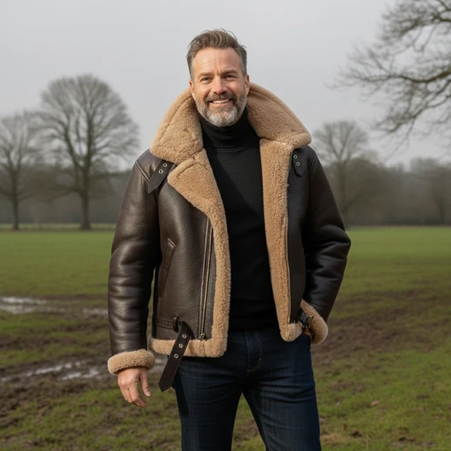 Uomo Nero B3 ' Air Force' Vera Pelle Di Pecora Shearling Aviatore Pilota Giacca - Foto 4