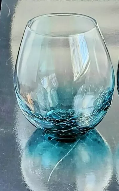 One (1) Pier One Stemless Crackle Teal Aqua Blue Wine Glass 16 Oz Tumbler Mint