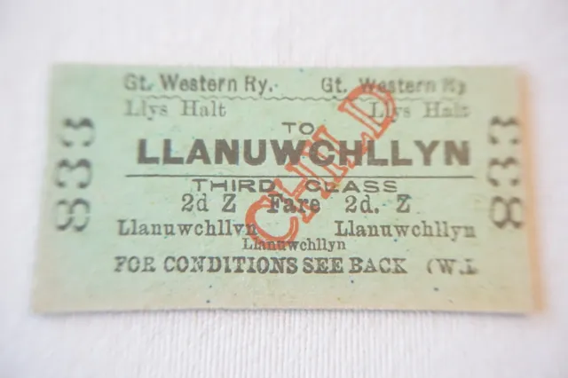 1964 Llys Halt to Llanuwchllyn GWR Great Western Railway Ticket
