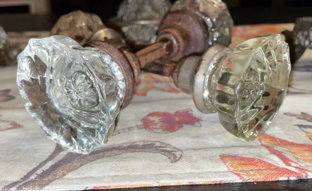 Lot Of 2 Vintage Antique Crystal Clear Glass Double Handle 12 Point Door Knob