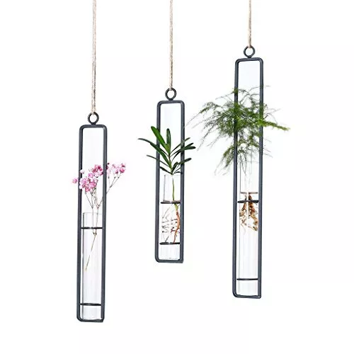 Hanging Glass Planter Water Iron Art Hydroponic Vase Transparent Test Tube Fl...