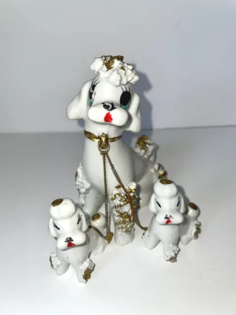 3 Vtg White Spaghetti French Poodle Dogs Ceramic Figurines Chain Leashes