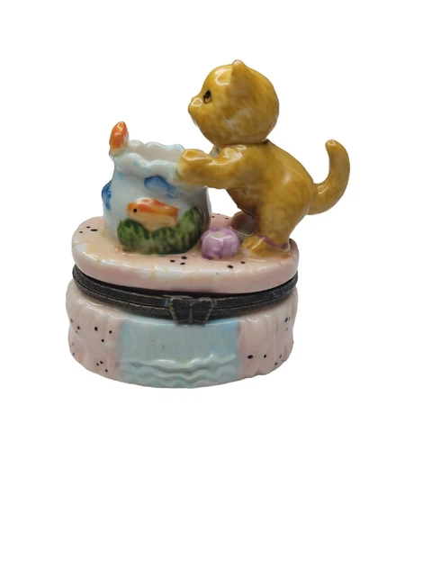 Orange Kitten Cat Fishbowl Porcelain Hinged Trinket Box With Goldfish Bowl 3" T