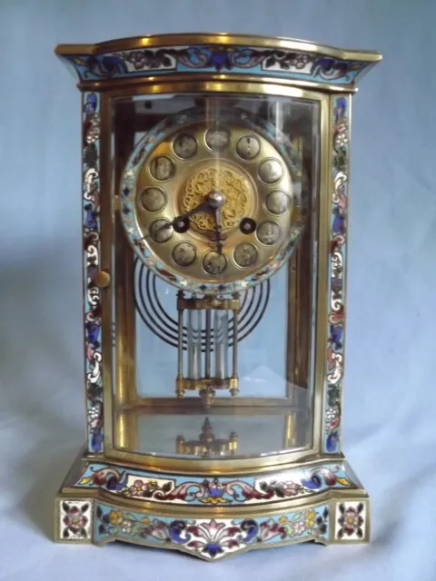 19c French Bow Front Champleve Enamel 4 Glass Clock C1880.