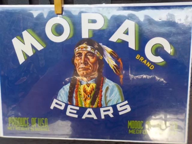 MOPAC Brand Pears Paper Label w/Native American Picture Medford, Oregon 3