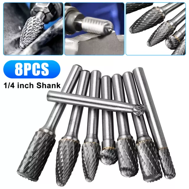 8Pcs Tungsten Carbide Burrs Rotary Burr Set Head 1/4'' Shank Die Grinder Bit US