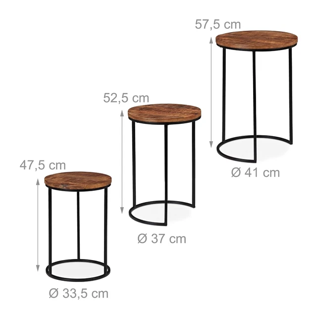 Relaxdays Beistelltisch Set 3er - Mangoholz Runde Couchtische Eisen Schwarz/braun