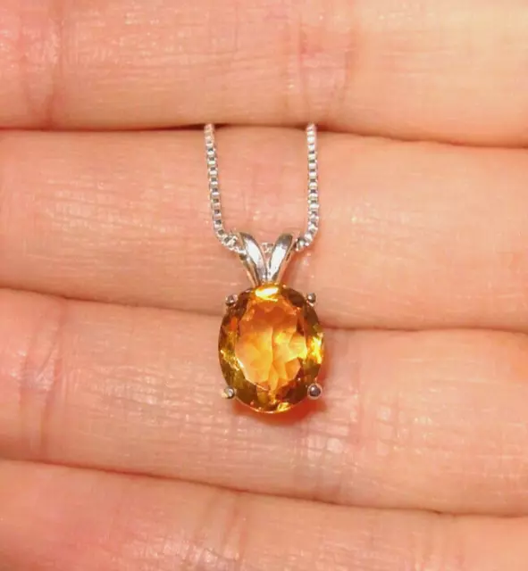 Citrine Pendant Necklace Golden Yellow Earthmined 10X8Mm Gem  & Box Link Chain