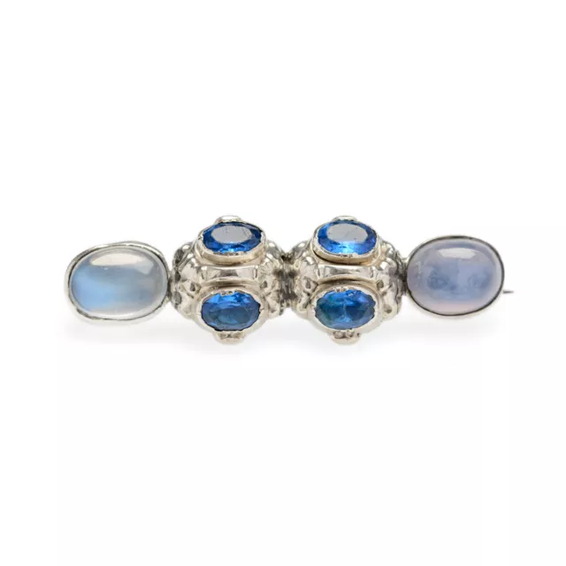 Antique Moonstone Bar Brooch Pin, Silver & Blue Paste Gemstone Victorian Jewelry