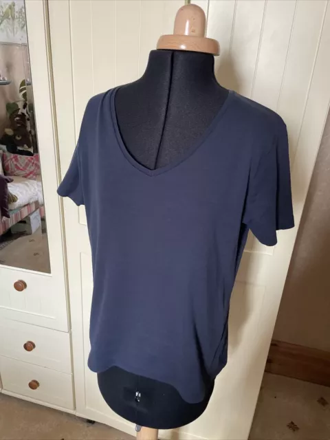 LAURA ASHLEY Ladies Navy Blue Cotton Jersey Short Sleeve V Neck T Shirt Size 14