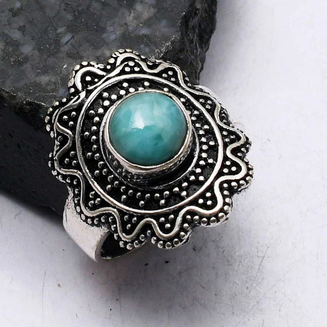 Larimar Gemstone Handmade Wedding Gift Ring Jewelry US Size-9 AR 97519