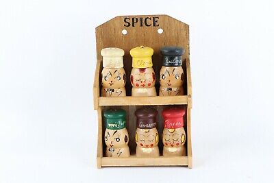 Vtg 50s Ucagco Japan Hand Painted Wood Hanging Spice Rack Anthropomorphic 6 Jars