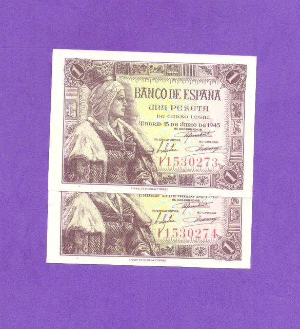 Spaiin-Banknote    Rare  Consecutive Pair  -  1   Pesetas  1945 -  Unc