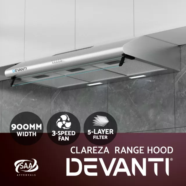 Devanti 900mm Range Hood 90cm Rangehood Kitchen Canopy LED Light Stainless Steel