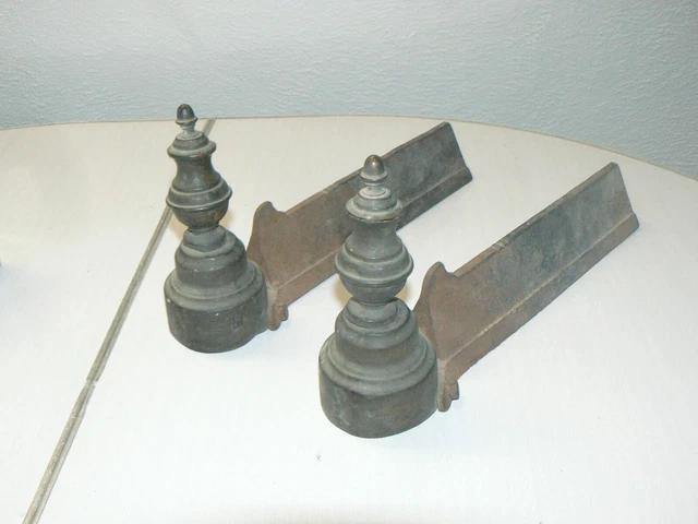 Paire De Chenets Anciens Fer Et Cuivre - Vintage Qualité Cheminée