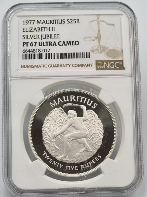 Mauritius 25 Rupees Silver Proof coin 1977 harvesting sugar cane NGC PF67 UCA