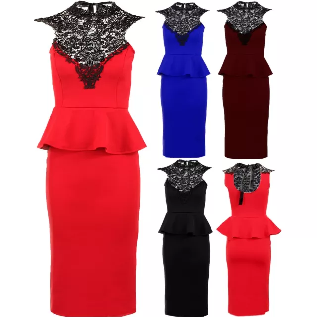 Ladies Sleeveless Crochet Lace Neck Tie Back Peplum Women's Midi Bodycon Dress