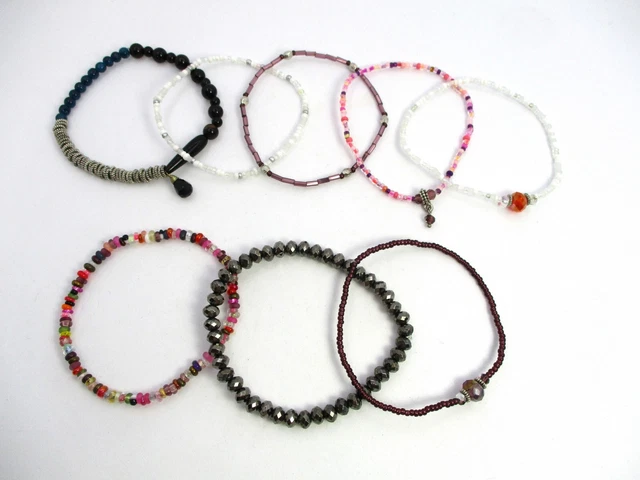 8pcs Handmade Minimal Seed Bead Stretch Bracelet Set, 7"  w/ Stones & Crystals