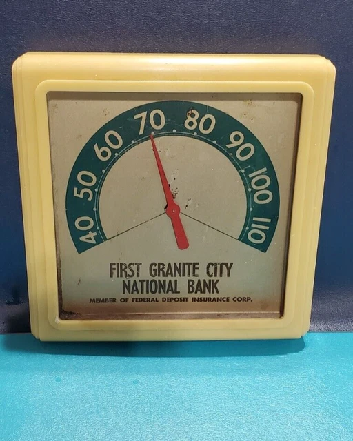 Vintage Wall Advertising Bank Thermometer FIRST NATIONAL BANK GRANITE CITY ILL