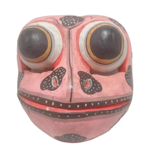 Balinese Indonesian Pink Wood Godogan Frog Face Prince Wall Mask Sculpture Decor