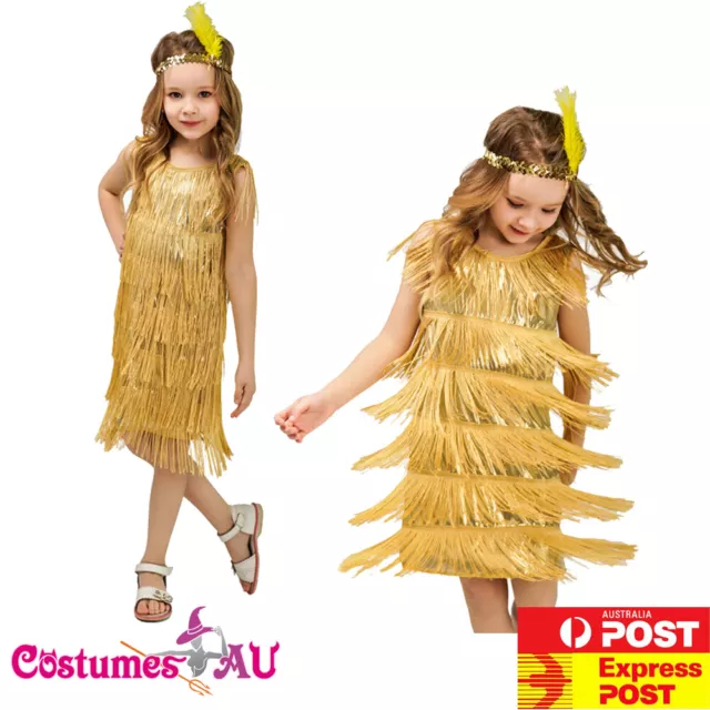 Girls 20s Gatsby Costume 1920s Child Kids Gold Flapper Charleston Fancy Dress