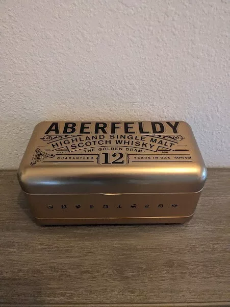 Aberfeldy Scotch Whisky The Golden Dram 12 years Gold Tin Empty Box Black Felt