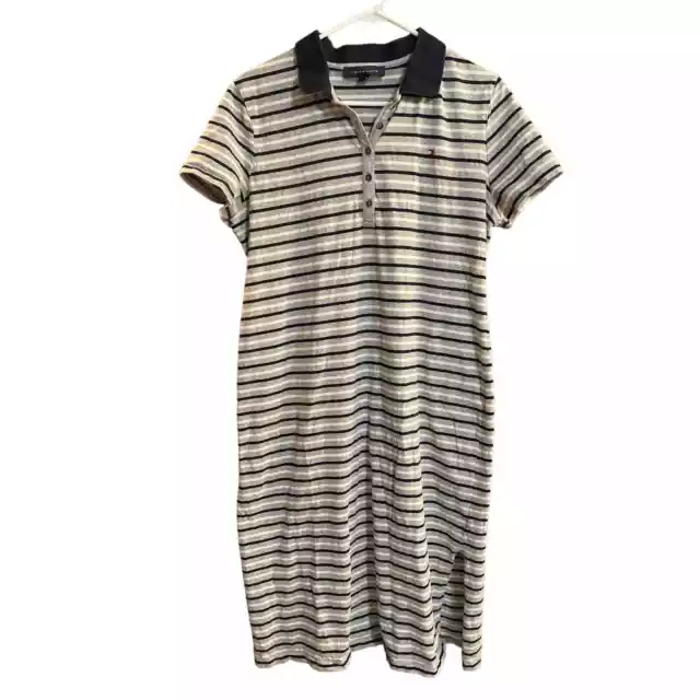 Tommy Hilfiger Womens Polo Shirt Dress Blue Gray White Stripe Large