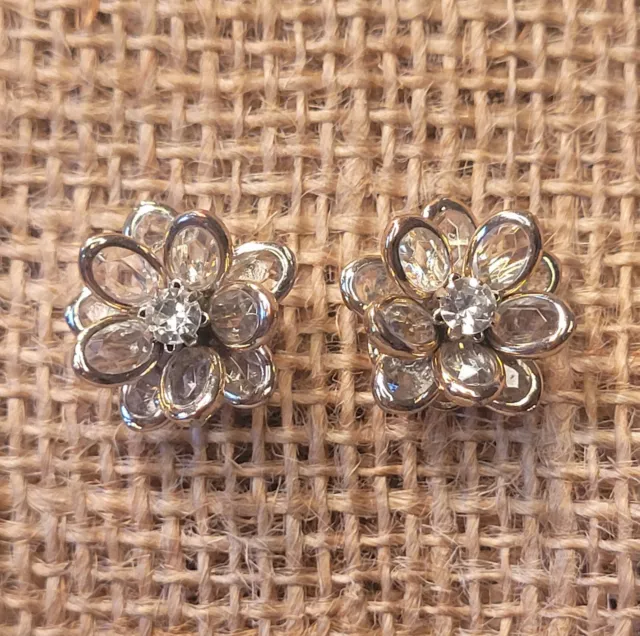 Vintage Silver Tone Bezel Set Clear Crystal Flower 3D Pierced Earrings