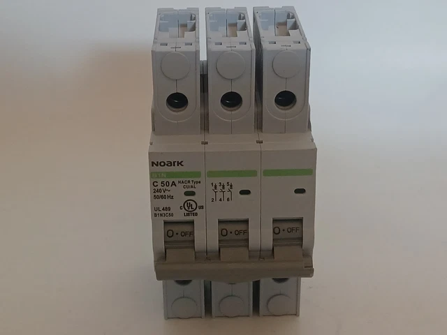 Noark B1N3C50 50A Miniature Circuit Breaker, 3 Pole, C-Curve (Rated to 240 VAC) Noark B1N3C50 50A Miniature Circuit Breaker, 3 Pole, C-Curve (Rated to 240 VAC)