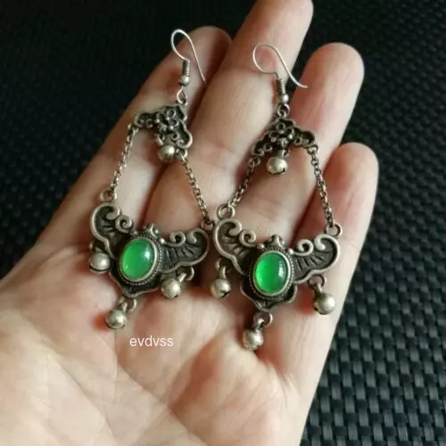 Antique Collect Chinese Manual Old Silversmith Jade Butterfly Earring Jewelry